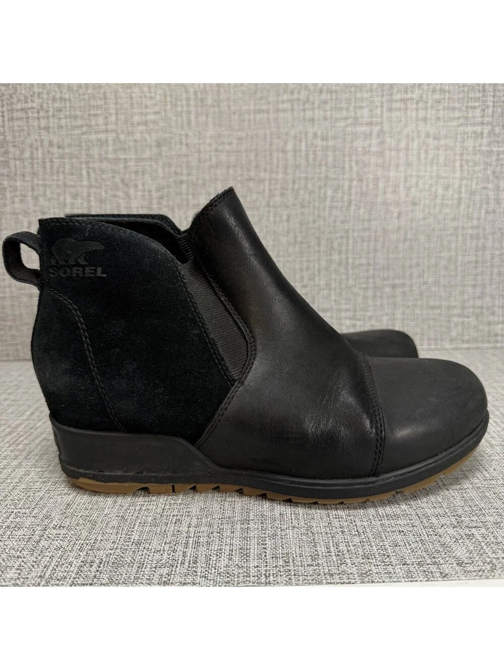 Sorel Booties Womens Sz 8 Black Leather & Suede Pull On Chelsea Ankle Boots Evie